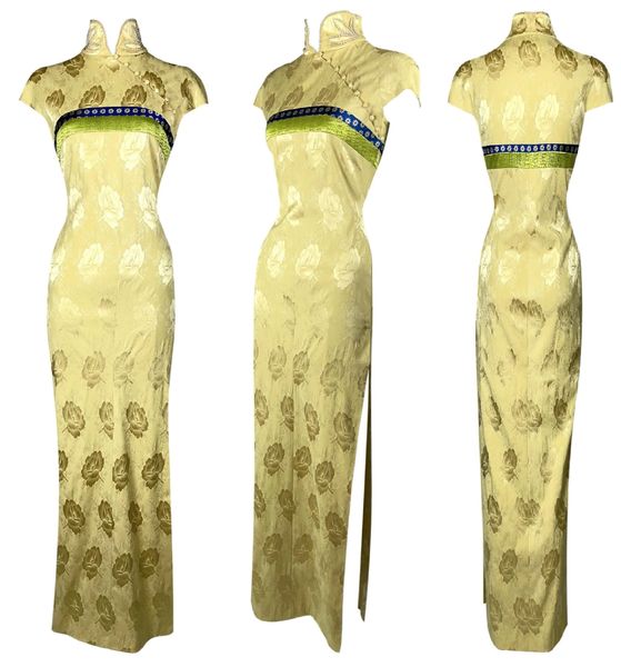 F/W 1997 Christian Dior by John Galliano Runway Cheongsam Yellow High Slit Maxi Dress