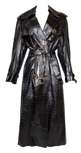 F/W 2000 Christian Dior by John Galliano Runway Brown Leather Faux Croc Trench Coat Jacket