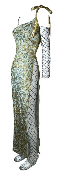 S/S 2001 Christian Dior by John Galliano Runway Blue & Gold Dress w Black Fishnet Jumpsuit