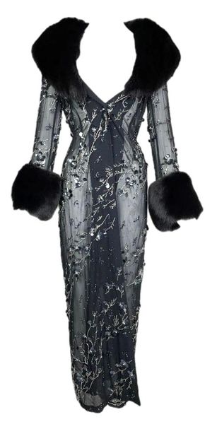 F/W 1997 Dolce & Gabbana Runway Sheer Black Silk Embellished Fox Fur Coat Dress