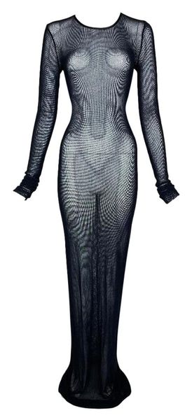 Vintage 1990's Dolce & Gabbana Black L/S Fishnet Extra Long Maxi Dress