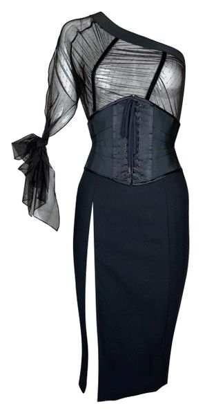 F/W 2000 Christian Dior Haute Couture Runway Sheer Black One Shoulder Corset Dress