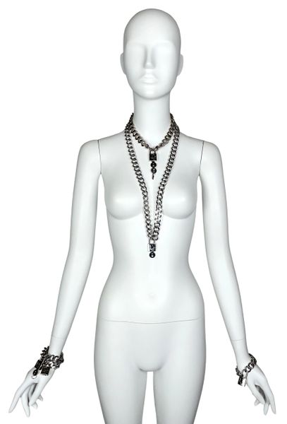 S/S 2001 Christian Dior by John Galliano Haute Couture Runway Silver Logo Locks Chunky Chain Choker Necklace & Bracelets