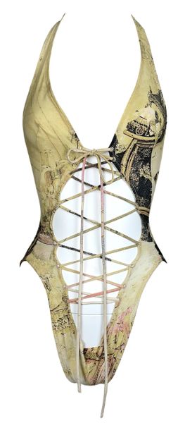 S/S 2003 Roberto Cavalli Runway Cut-Out Lace-Up Plunging Swimsuit Bodysuit
