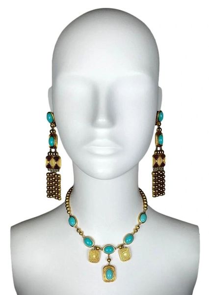 C. 2003 Christian Dior by John Galliano Large Egyptian Gold & Turquoise Earrings & Necklace