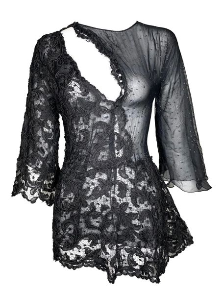 C. 2000 Fausto Puglisi Sheer Black Lace & Mesh Bell Sleeve Micro Mini Dress Tunic