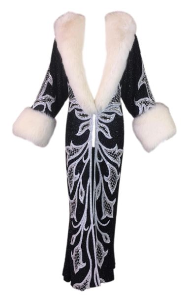 1984 Bob Mackie Attributed Beaded Black 1920's Flapper Style White Fox Fur Coat Dress