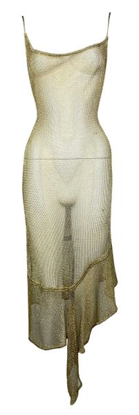 S/S 2001 John Galliano Sheer Gold Knit Faux Chainmail Asymmetrical Bodycon Dress