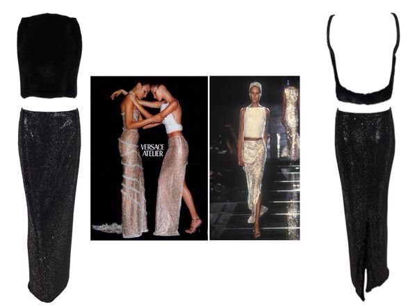 F/W 1998 Atelier Versace Couture Runway Long Black Crystal Metal Skirt & Mink Crop Top