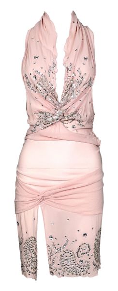 S/S 2004 Christian Dior by John Galliano Sheer Pink Silk Plunging Embellished Mini Dress