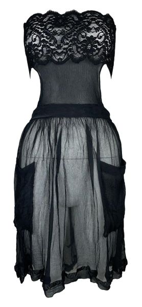 1990's Jean Paul Gaultier Sheer Black Lace & Silk Off Shoulder Apron Mini Dress