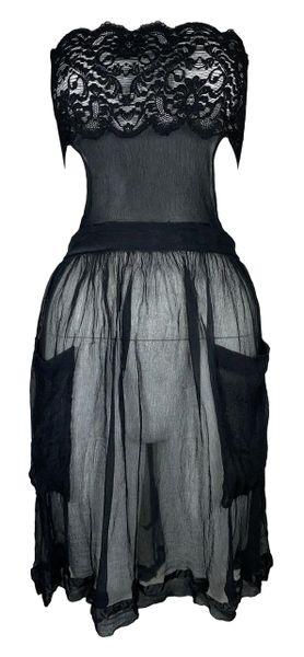 1990's Jean Paul Gaultier Sheer Black Lace & Silk Off Shoulder Apron Mini Dress