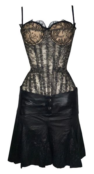 2003 Roberto Cavalli Black Lace Corset Bodysuit & Leather Mini Skirt Set