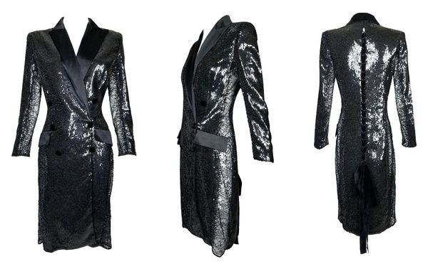 F/W 2005 Roberto Cavalli Runway Black Sequin Sheer Lace Sides Tuxedo Dress