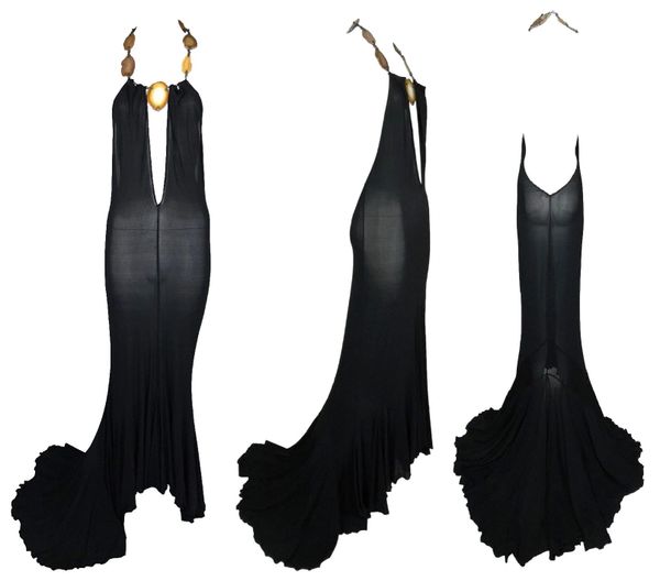 1990's Roberto Cavalli Sheer Black Plunging Crystal Geode Strap Gown Dress