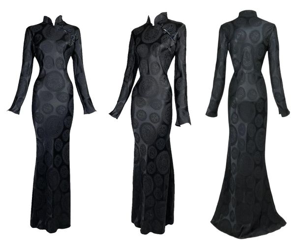 F/W 2002 John Galliano Cheongsam Black Chinoiserie Printed L/S Maxi Dress
