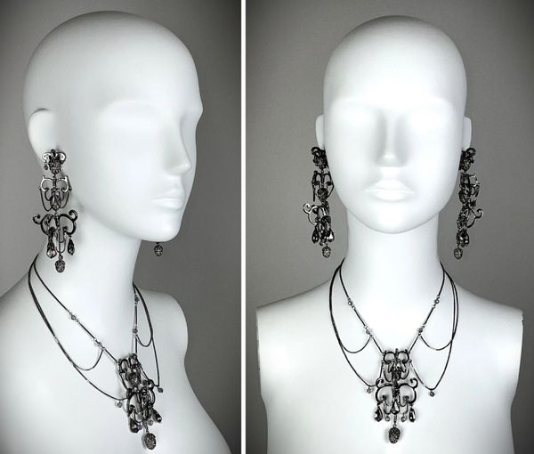 2000's Christian Dior by John Galliano Huge Pewter Crystal Chandelier Earrings & Necklace Set