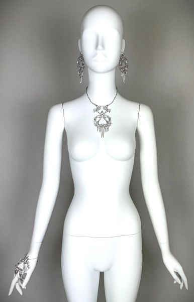 C. 2003 Christian Dior by John Galliano Chinoiserie Asian Inspired Large Silver Crystal Earrings Necklace & Bracelet