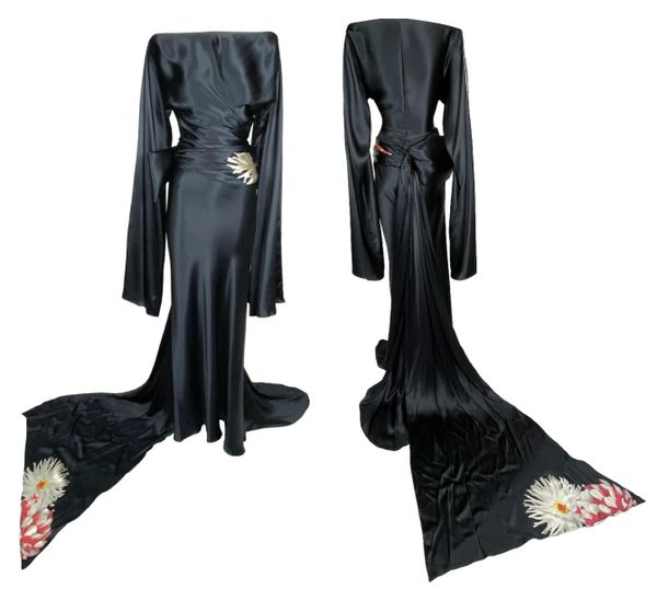 S/S 2003 Gianfranco Ferre Runway Japanese Kimono Sleeve & Bow Black Satin Top & Skirt Gown w Train