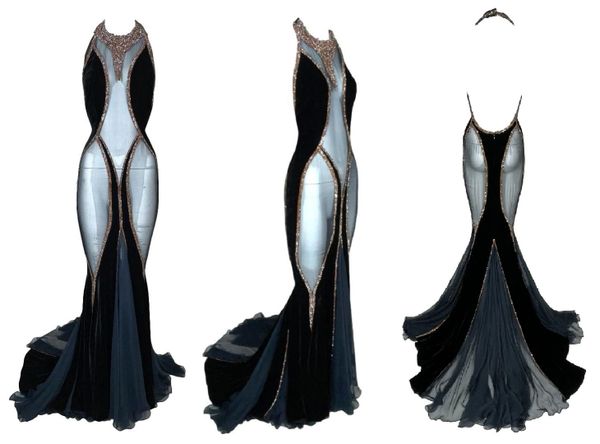 F/W 2004 Dolce & Gabbana Runway 20's Vixen Sheer Black Silk & Velvet Crystal Gown Dress w Train