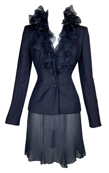 S/S 2003 Christian Dior by John Galliano Haute Couture Blue Silk Ruffle Sheer Mini Skirt Suit