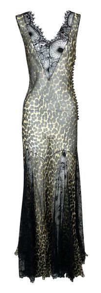 F/W 2002 John Galliano Sheer Leopard Silk & Black Lace Maxi Dress