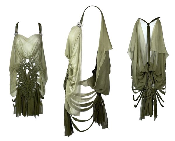 S/S 2003 Christian Dior by John Galliano Runway Sheer Green Silk Cut-Out Mini Dress