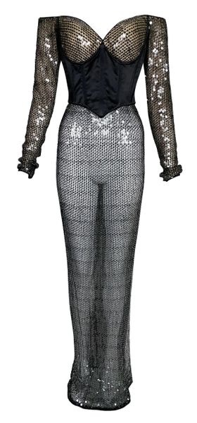 Vintage 1970's Loris Azzaro Sheer Black Off Shoulder Bustier Sequin Gown Dress
