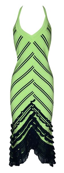 F/W 2004 Christian Dior by John Galliano Green & Black Striped Bandage Bodycon Halter Dress