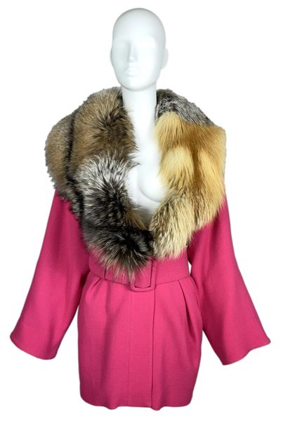 2000's Fausto Puglisi Hot Pink Wide Belt Fox Fur Coat Dress