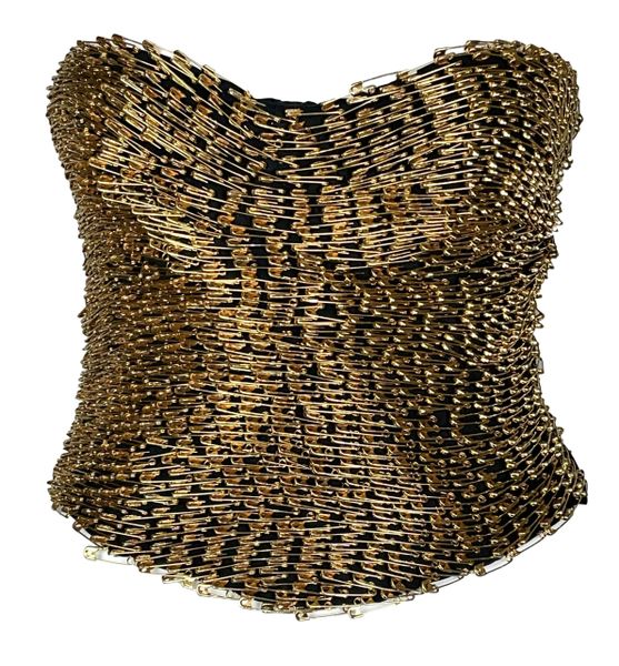 S/S 1994 Moschino Couture Runway Gold Safety Pin Bustier Top