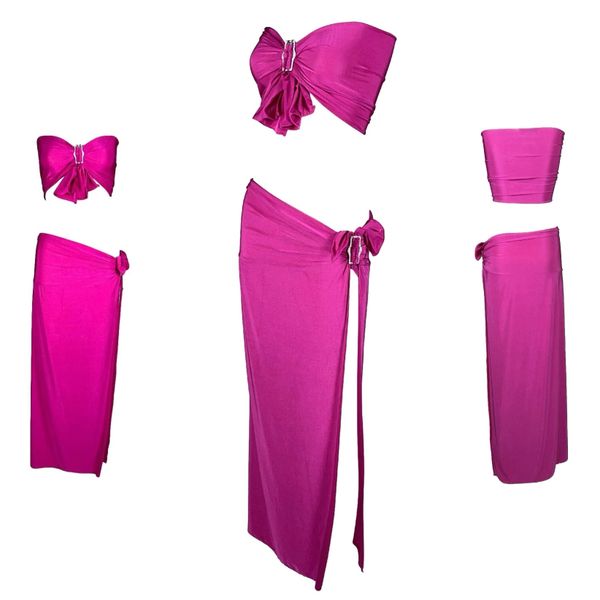 2003 Christian Dior by John Galliano Hot Pink Crystal Buckle Crop Top & Maxi Skirt Set