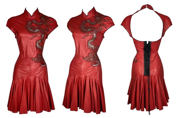 S/S 2003 Roberto Cavalli Runway Red Leather Dragon Tattoo Corset Mini Dress