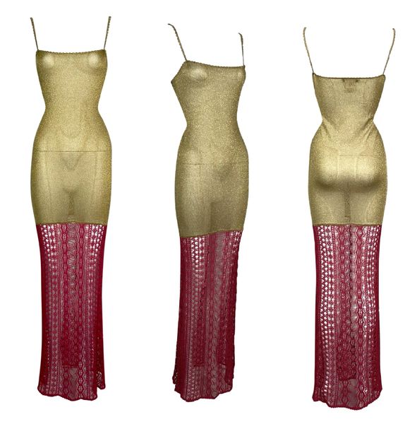 F/W 1999 Christian Dior by John Galliano Sheer Gold & Red Knit Bodycon Maxi Dress
