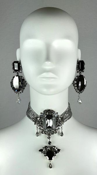 F/W 2007 Christian Dior by John Galliano Runway Huge Black Crystal Earrings Necklace & Bracelet Set