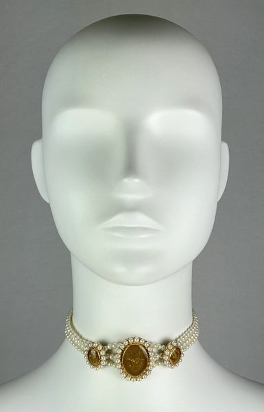 Vintage 1998 Christian Dior by John Galliano Pearl & Gold Rose Cameo Choker Necklace