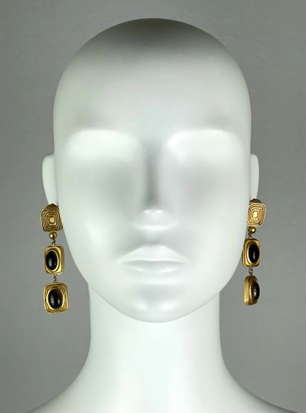 2000's Christian Dior by John Galliano Gold & Black Egyptian Long Drop Earrings