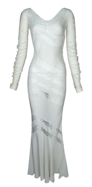 F/W 2004 Christian Dior by John Galliano Sheer Ivory Silk Lace Gown Dress