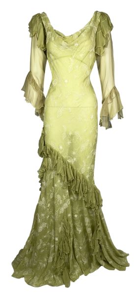 F/W 2004 John Galliano Sheer Green Embroidered Victorian Ruffle Gown Dress