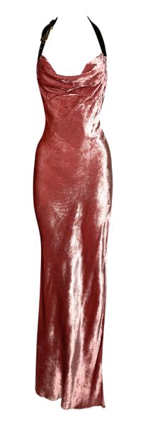 F/W 2000 Christian Dior by John Galliano Pink Velvet Plunging Halter Buckle Maxi Dress High Slit