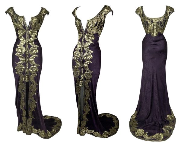 S/S 1998 John Galliano Runway Eggplant & Gold Embroidered Gown Dress w Train