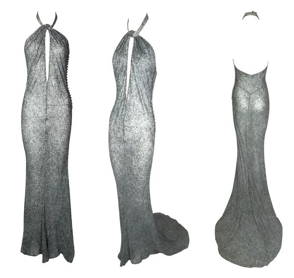 S/S 2001 Christian Dior by John Galliano Plunging Sheer Tweed Print Silk Gown Dress w Train
