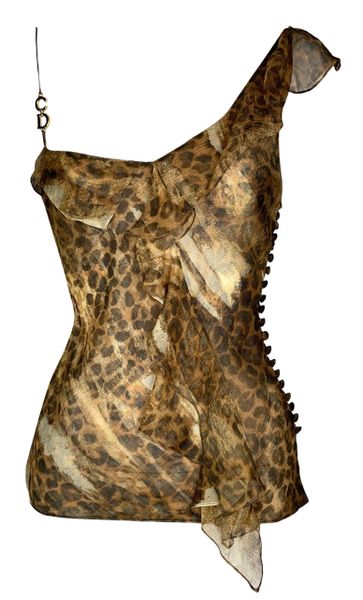 F/W 2000 Christian Dior by John Galliano Sheer Leopard Silk Gold Logo Strap Top