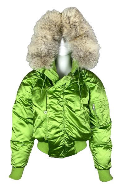 F/W 2003 Ralph Lauren Collection Runway Green Silk Satin Fur Puffer Hooded Jacket Coat