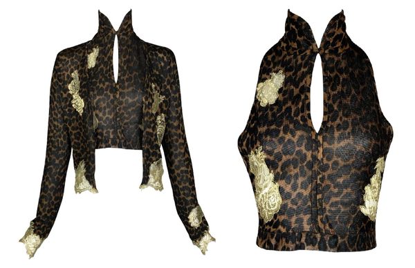 F/W 2000 Christian Dior by John Galliano Cheongsam Leopard Crop Top & Gold Lace Cardigan Set