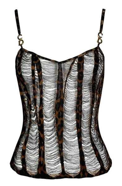 F/W 2000 Christian Dior by John Galliano Gold Logo Straps Sheer Leopard Fringe Tank Top & Cardigan Set