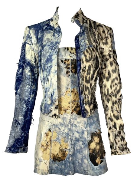 F/W 2001 Roberto Cavalli Runway Distressed Denim Mini Dress & Jacket Set