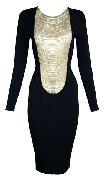 S/S 2006 Alexander McQueen Plunging Gold Chains Black Bodycon Dress