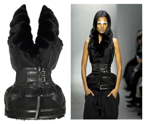 F/W 2007 Balenciaga by Nicolas Ghesquière Runway Black Leather & Mink Fur Corset Wasp Waist Vest Top