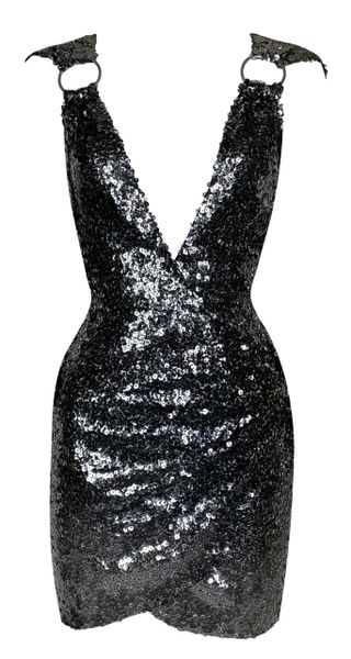 Vintage C. 2000 Fausto Puglisi Plunging Sequin Metal Circle Straps Mini Dress